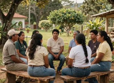 A group of South American / Brazilian people sitting together on rustic wooden benches in a shaded garden area. They are engaged in a community meeting, reflecting a warm, authentic atmosphere in a rural setting. Soft afternoon light filtering through trees. Colors: beige and olive green.