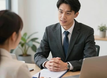A professional consultant assisting a client with company registration documents in a modern office.