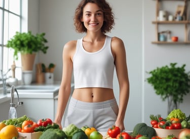 A person happily preparing a healthy, colorful meal in their kitchen.