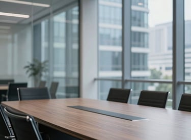 A professional senior consultant in a navy suit reviewing documents in a sleek, modern office with minimalist design.