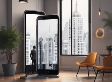 A friendly AI agent on a tablet screen helping a traveler book a hotel room and a taxi, with icons representing hospitality and transport.