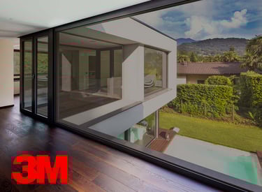 a large window with a view of a pool and a view of a house
