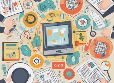 A group of six people are working together on a patch of land, engaging in agricultural activities. They are dressed in various colors with some donning traditional hats. The background consists of dense green foliage and trees, with a marshy area or river behind the workers. The scene suggests a rural setting with natural surroundings.