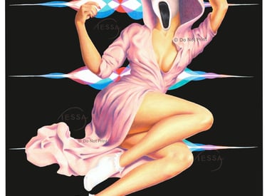 Pin Up, Pinup woman in pink robe, Halloween, Scream mask, on phone, retro and vintage and spooky