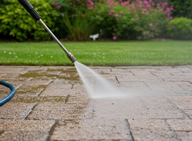 a person using a pressurer to clean a driveway