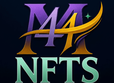 M44Artworks NFTs brand logo featuring purple and gold typography on a dark background.