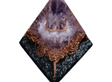 Handcrafted amethyst crystal orgone pyramid with copper wire and black tourmaline base for energy healing.