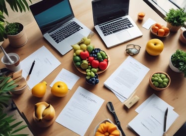A professional consultation setting with a medical professional sitting at a desk facing a client. The room has a modern aesthetic with white walls decorated with framed certificates. The desk is organized with office supplies, a laptop, and a fruit bowl in the center.