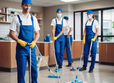 A person wearing bright orange work clothes is cleaning indoors, holding a mop. They have a fanny pack and are walking toward a tiled wall.