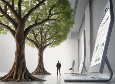 A conference room setting with several laptops on a large table, each being used by a person. A large screen displays a blue interface with the text 'Generate ad creatives from any website with AI'. A stainless steel water bottle and a conference phone are also visible on the table.