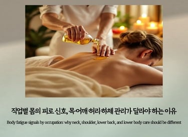 A massage care scene representing body fatigue signals and different care needs by occupation