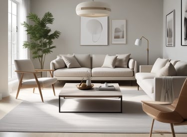 A minimalist interior design features soft pink and purple tones, showcasing a potted purple tree under an archway. Modern furniture, including woven chairs and a circular rug, complement the style. Light creates gentle shadows, enhancing the pastel aesthetic.
