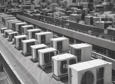 An industrial setting with numerous air conditioning units and large metallic pipes attached to the exterior of a weathered, multi-story building. The walls show signs of wear, with peeling paint and visible stains. The area appears cluttered with wiring and equipment, suggesting a functional but neglected environment.