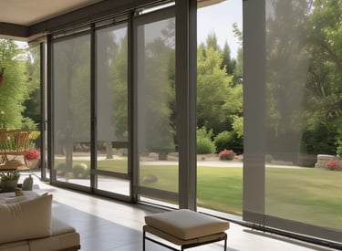 Horizontal blinds with a pink and magenta hue cover the entire frame, creating a pattern of alternating light and shadow.