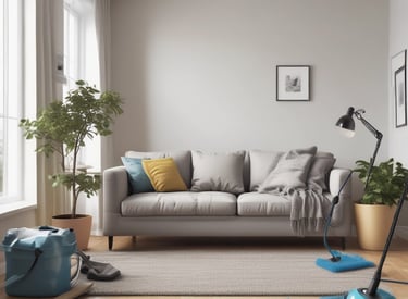 A home office setup on the floor in a well-lit room with a large window framed by blue curtains. Outside, palm trees are visible. Inside, there is a computer setup with a monitor, keyboard, and CPU, along with a bottle of hand sanitizer and a mask. A red cabinet is on the right, and there are boxes and household items like a kettle and rice cooker nearby.
