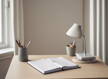 An open notebook with handwritten notes is placed on a wooden table next to a smartphone. The notes appear to focus on personal development and creative values. A partially visible laptop is in the background, creating a workspace setting.