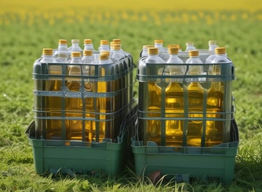 Two boats on a river are engaged in trade, with one loaded with bags of goods and people standing on the deck. The bustling scene suggests a lively market atmosphere. Nearby, other boats and buildings create a backdrop under a clear blue sky.