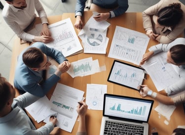 An abstract, pastel-colored, 3D-rendered representation of data analysis and search engine optimization (SEO). The image features a computer interface with various analytics symbols, including a magnifying glass, bar charts, pie charts, and a search bar with the text 'SEO'. Surrounding the interface are different objects such as a potted plant, a cup with a saucer, and a megaphone, all placed on a light green background.