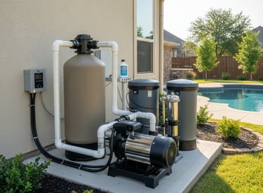 Residential pool equipment pad showing filtration and circulation systems maintained through weekly pool cleaning