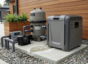 Pool heater equipment pad showing common causes of inconsistent heating