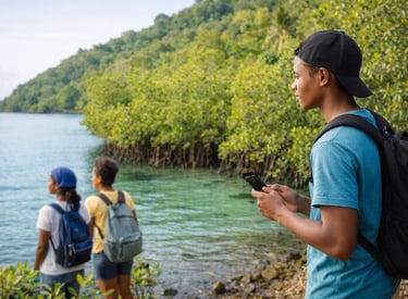 Élèves observant le littoral et la mangrove dans le cadre d’une aire éducative à Mayotte