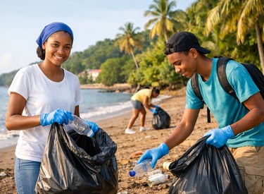 Jeunes engagés dans une action de ramassage des déchets sur le littoral à Mayotte