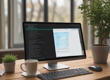 A person using a laptop with digital graphics in the background.