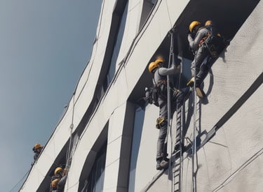 A symmetrical view of a modern high-rise building with a central elevator shaft. The structure features sharp geometric lines, contrasting with the sky visible through narrow gaps. Balconies with metal railings are present on both sides, enhancing the sense of depth.