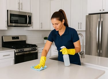  cleaning professional wiping a modern kitchen counter 