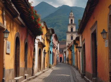 A large rounded image of lush green rainforests and a waterfall in Costa Rica.