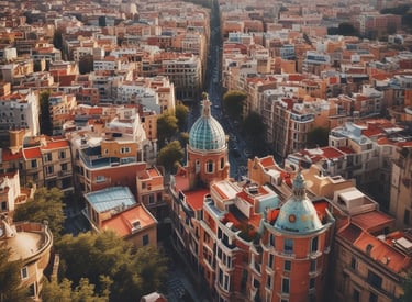 Rounded image showing the colorful streets of Chefchaouen, Morocco.