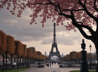 Rounded image of the Eiffel Tower at sunset with a soft glowing sky.