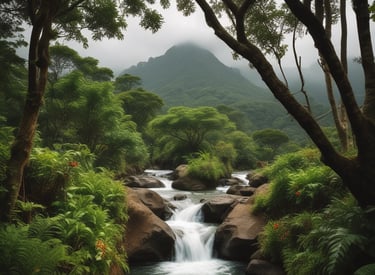 A large rounded image of lush green rainforests and a waterfall in Costa Rica.
