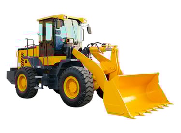 New wheel loader with robust front bucket and powerful wheels on a job site