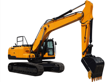 Heavy-duty excavator with extended arm and rotating cab on a job site"