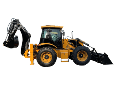 Backhoe loader with front bucket and rear excavator arm on a construction site