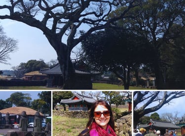 Foto da autora explorando o vilarejo de Seongeup, com diferentes ângulos que capturam a essência.