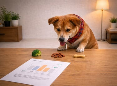 A brown dog wearing a bandana looks at healthy food options like broccoli and kibble next to a nutrition chart.