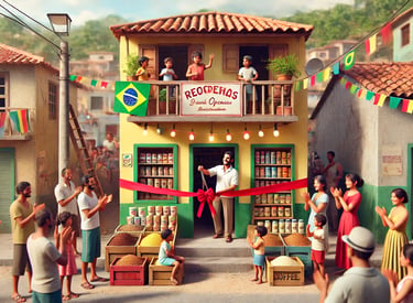 uma mercearia amarela com telhado de telha amarronzado sendo inaugurada