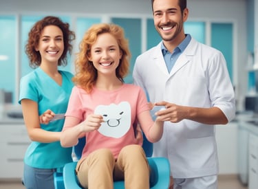 Two dental professionals are attending to a patient seated in a dental chair. The room is equipped with dental instruments and appears clean and clinical. One professional, wearing a mask and blue gloves, stands next to the patient, while another, also masked, works on the patient's head area.