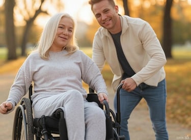 a man and woman in wheelchairs in a park