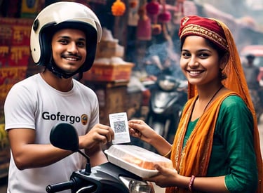 A delivery person picking up the food from the owner of the restaurant to deliver and promoting upi 