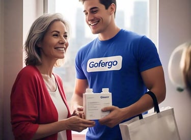 A happy customer receiving the prescription from the deliver person