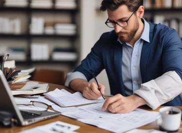 A person is sitting on the floor surrounded by tax forms and documents, holding a piece of paper in one hand. There is a smartphone with a calculator app open, and a pen placed on one of the documents.