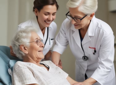 A warm, welcoming office environment with elderly individuals engaging with a friendly advisor.