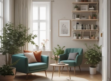 A serene counseling office with comfortable seating and calming decor.