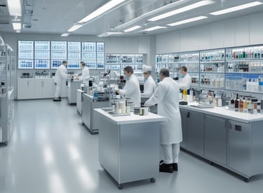 A laboratory technician working on pharmaceutical formulations in a cleanroom environment.