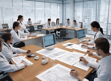 A professional consultant discussing plans with a client in a modern office.