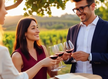 A scenic vineyard with workers practicing English communication.