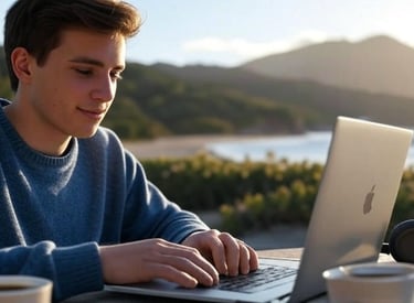 Young digital nomad working remotely in a scenic travel spot.